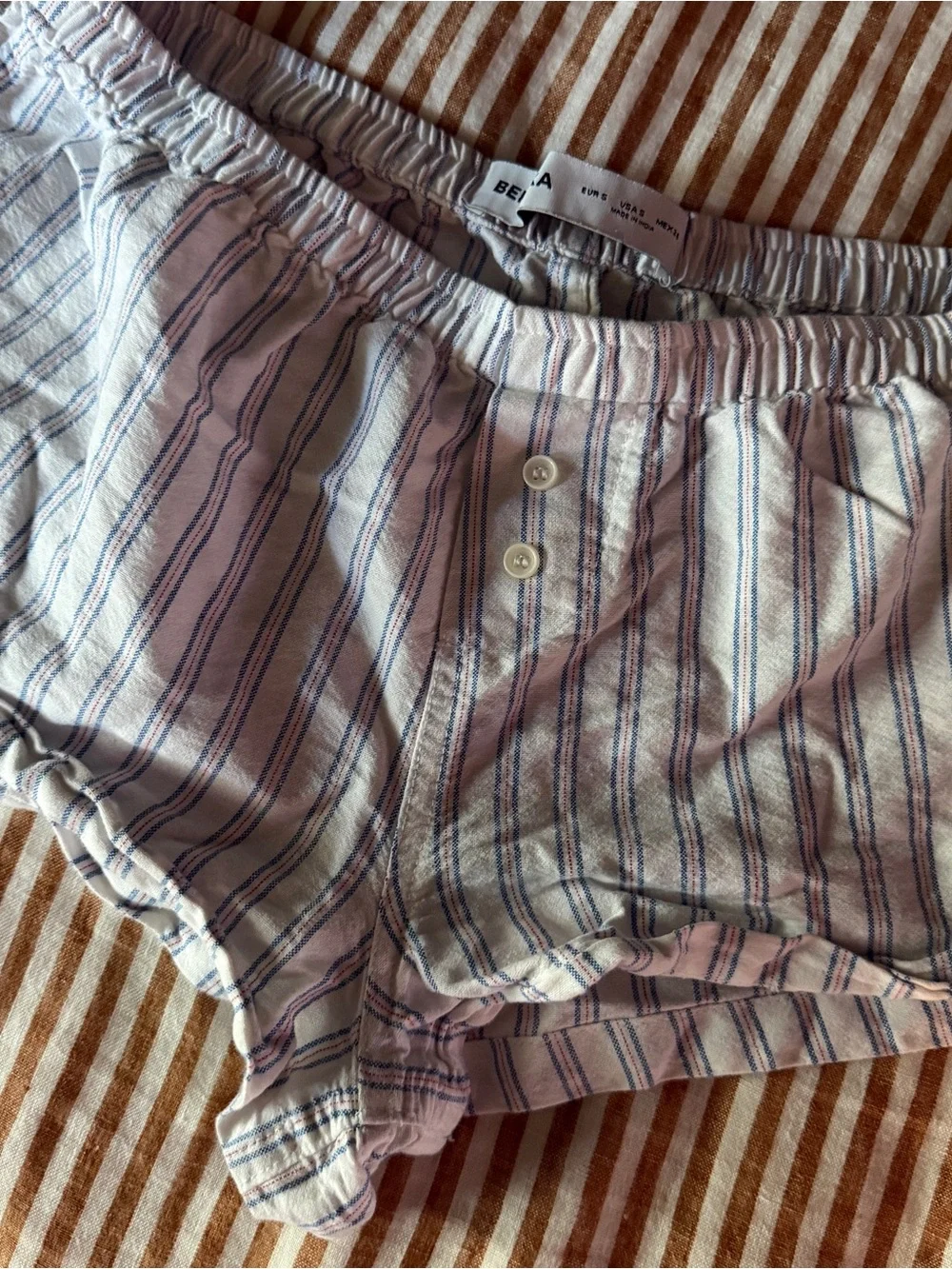 Bershka White & Blue Striped Cotton Sleep Shorts